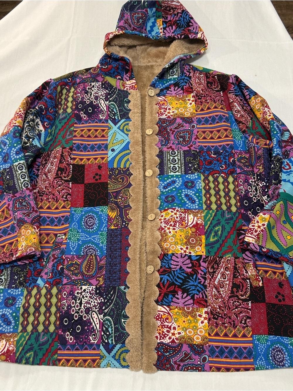 Vintage Style Multi Colored Paisley Patchwork Hooded Coat with Faux Fur Trim